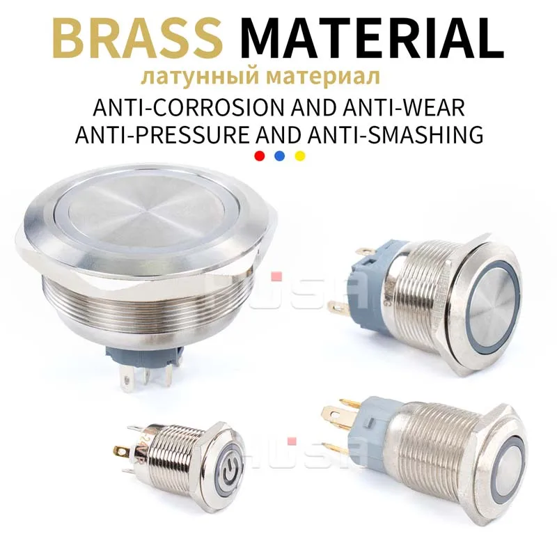 16 19 22 مللي متر ثلاثي الألوان R/G/B LED مع سلك مقاوم للماء مفتاح بـزر دفع معدني LED حلقة/الطاقة لحظة الإغلاق 1NO1NC