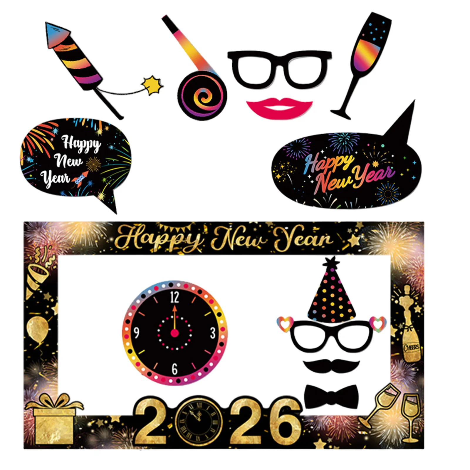 

1Set New Year Photo Frame Props Colorful Festive Designs Complete Party Accessories Eyeglasses Sign Perfect for All Ages