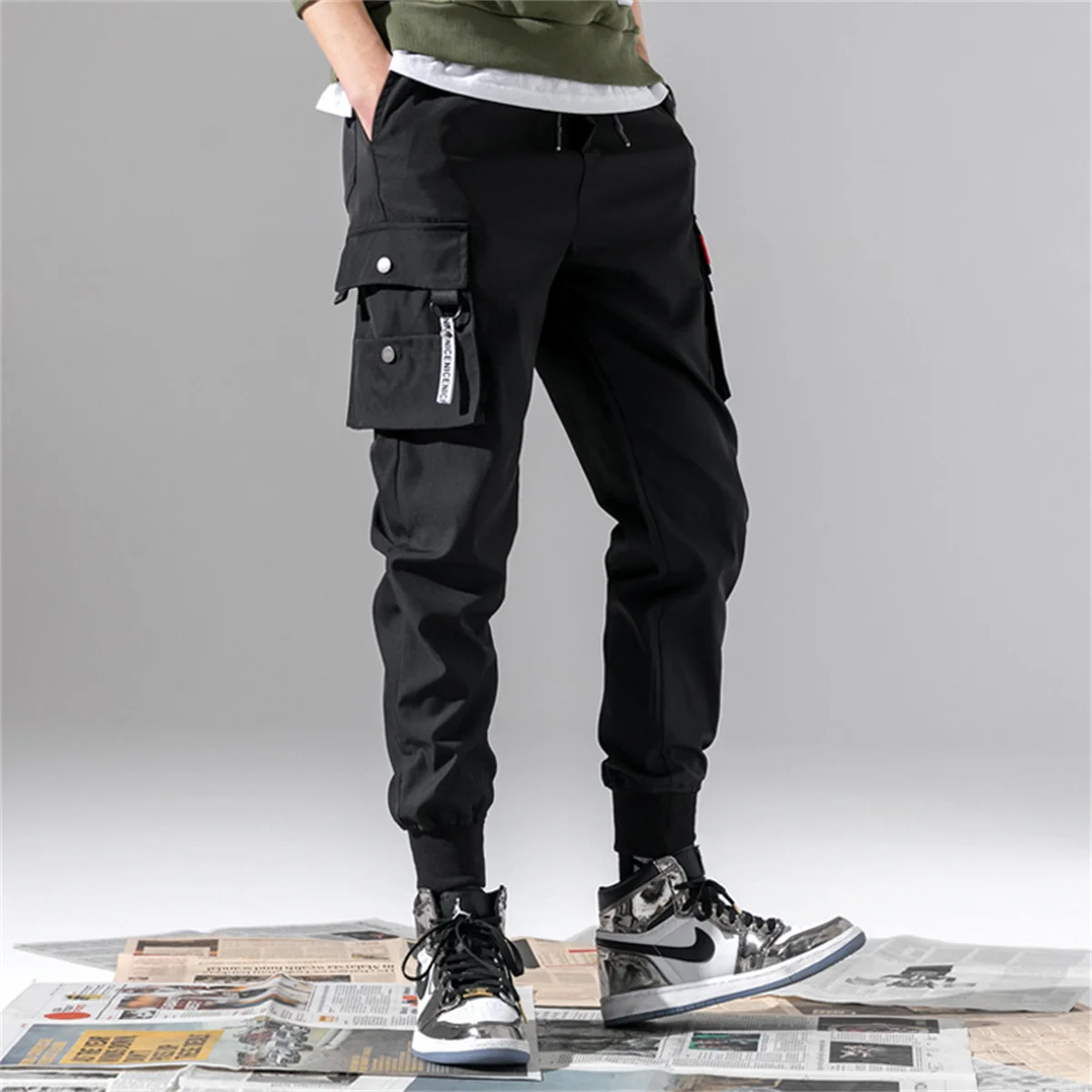 Men Black Cool Cargo Pants Pockets Gray Loose Out Door Elasticity Sports Oversize Kpop High Street Korean Pants Streetwear