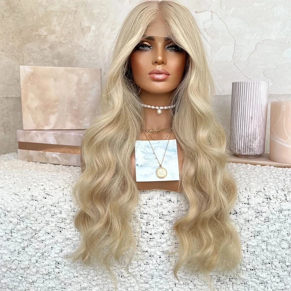 Blonde Lace Front Wig Synthetic Hair Body Wave Lace Wigs Transparent Lace Frontal Wig Pre Plucked  Glueless Cosplay  Fiber