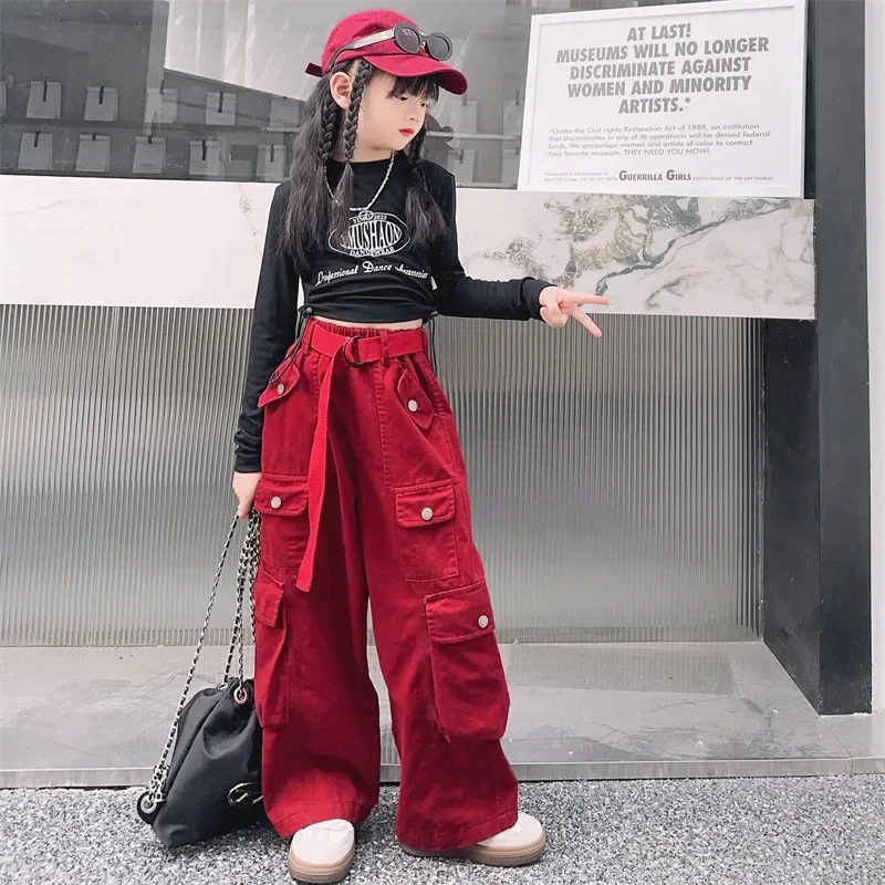 Teen Girls Cargo Pants Loose Casual Fashion Children Trousers Pockets Design Trendy Cool Streetwear Kids Pants 6 8 10 12 14 Year