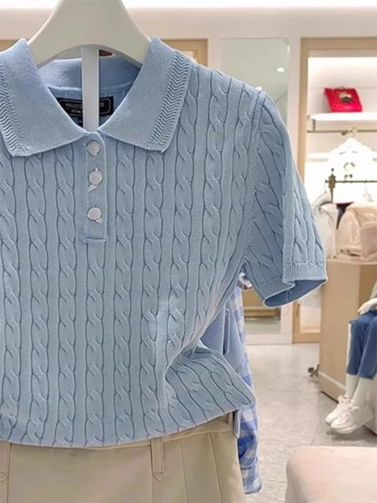 Coreano sle ne torcido malha camiseta feminina verão casual oulder comprimento ort sve emagrecimento topo ajuste confortável