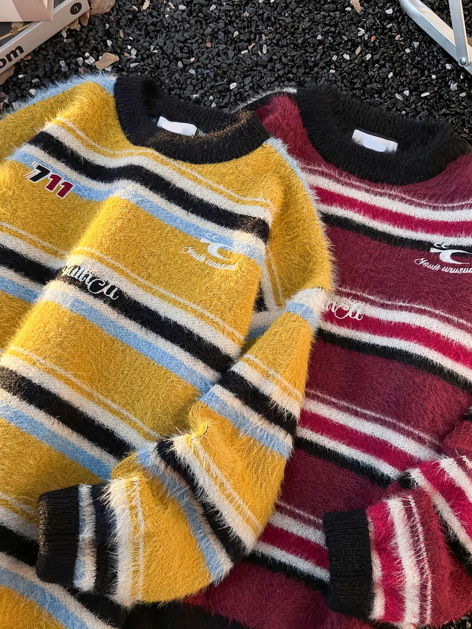 

Men's round Ne Knitted Sweater Retro Trendy American Lazy Sle Couple's Cable Knit Faux Fur Stripe Pattern Winter Warm