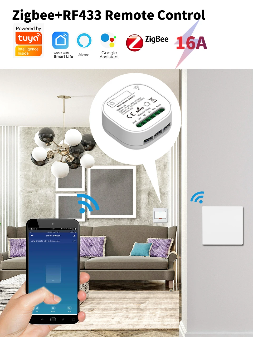 SIXWGH Tuya Smart Home Automation Timmer Wall Light Switch Wireless RF433 Wireless Button Panel Control Aleax Zigbee Switch