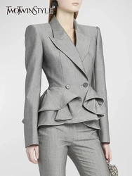 TWOTWurea-Blazer amincissant YLE pour femme, patchwork solide, volants, col cranté, manches longues, épissé, double poitrine