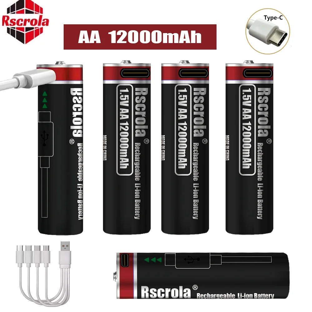 بطارية ليثيوم 1.5 فولت AA قابلة لإعادة الشحن 12000 مللي أمبير في الساعة USB-C شحن سريع، جهد ثابت للقفل الذكي، وحدة تحكم الألعاب، لوحة المفاتيح
