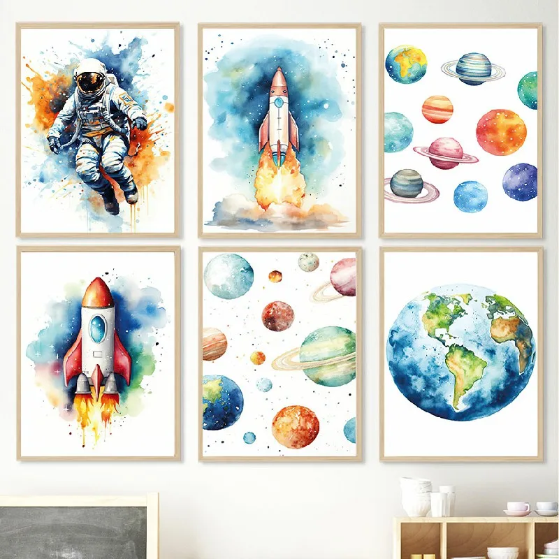 Watercolor Rocket Astronaut Space Planet Poster Solar System Print Nursery Wall Art Canvas Painting Pictures For Kids Room Decor