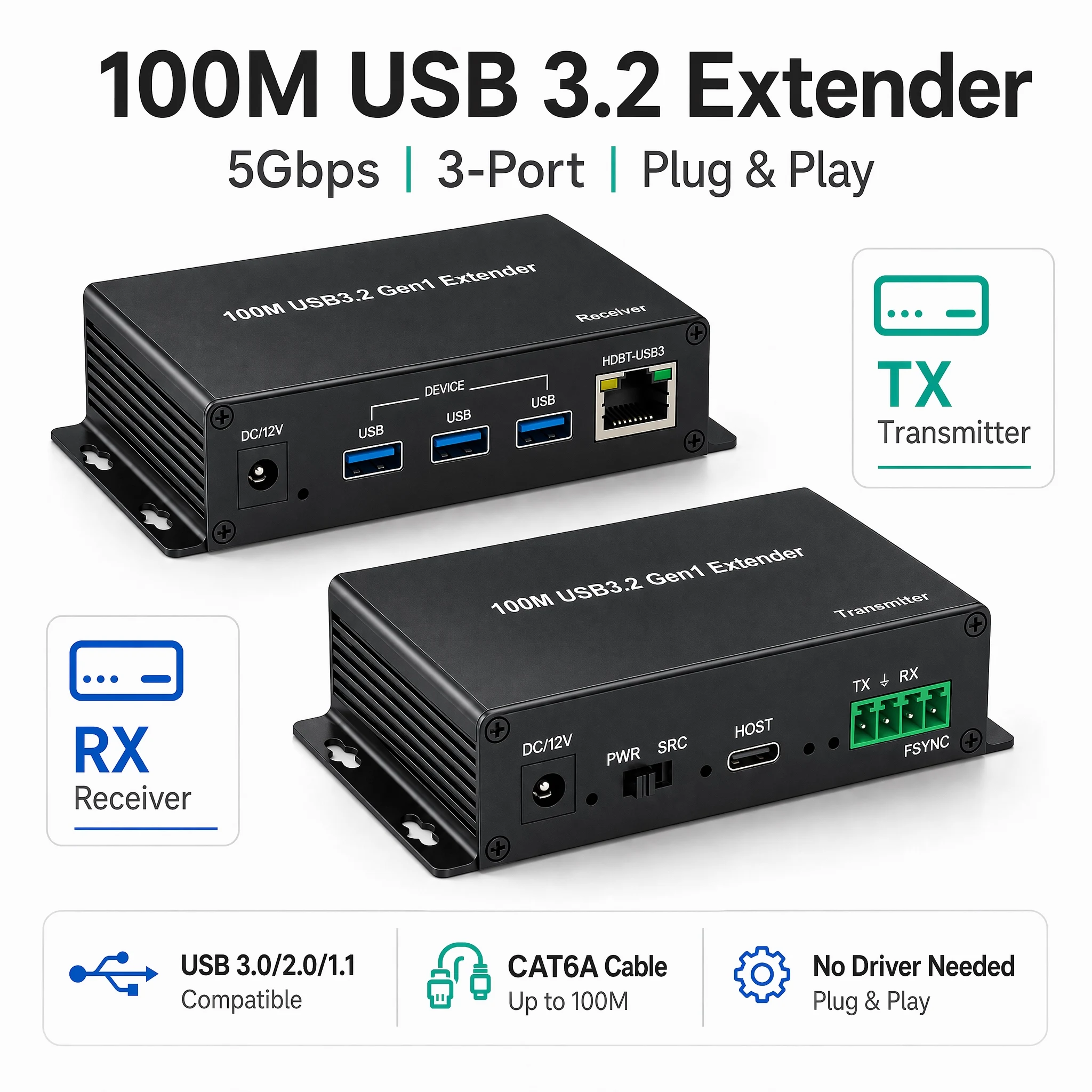 Удлинитель USB 3.0 по Cat6a/Cat7 Ethernet, 3 порта, 100 м, 5 Гбит/с, высокоскоростной, USB 3.2, 330 футов, с FSYNC и последовательным портом RS232