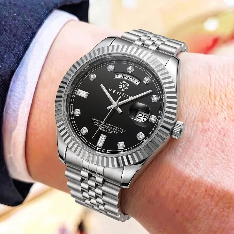 Light Luxury Business Men's Quartz Watch, Toothed Bezel with Diamond Face Dial, Calendar Display, Waterproof Steel Band, Versatile Men's Watch, European and American Style, High Aesthetic Value, Fashionable Casual Tren