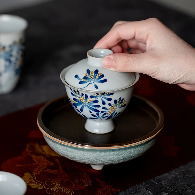 Boutique Pure Hand-painted Osmanthus Ceramic Tea Tureen Tea Maker Gaiwan Household High Foot Tea Bowl Kung Fu Tea Ceremony Gifts