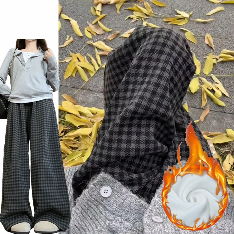 ay Retro Thiened Fce High Waist Plaid Wide Leg Pants Women's Autumn Winter New Sle Loose Fit High Waist Small Size