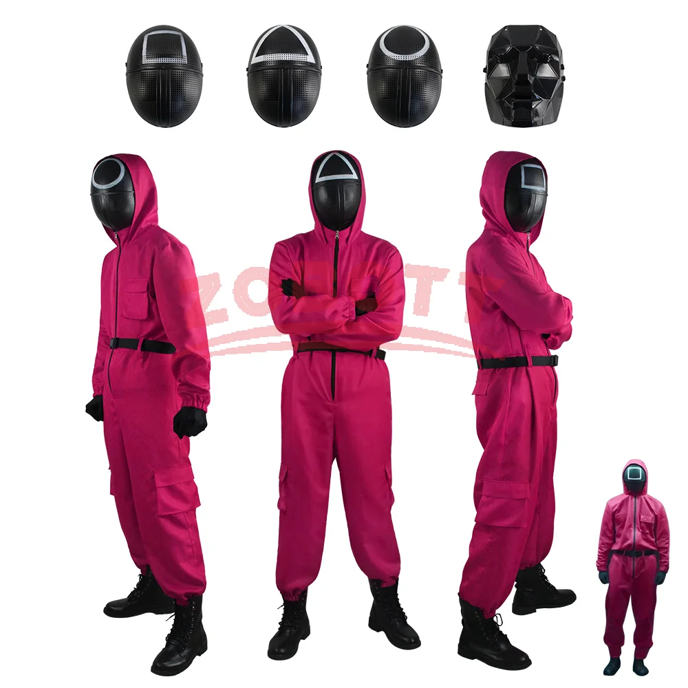 Disfraz de juego de Calamari para adultos, mono de guardia, traje para adolescentes, chándal con capucha, cinturón general, guantes, conjunto de máscara para Halloween