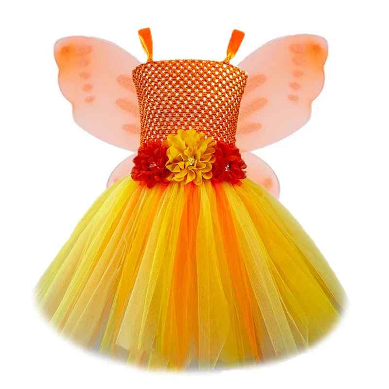 Orange Gold Butterfly Fairy Flower Tutu Dress for Halloween Costumes Fairy Princess Dresses Birthday Outfit