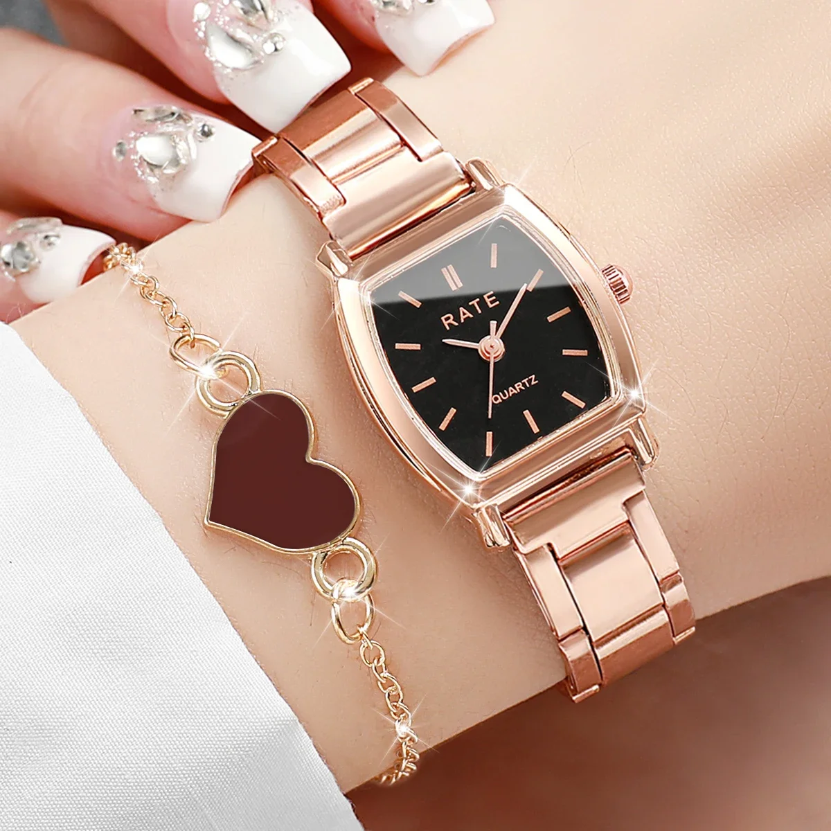 2PCS Fashion Women Quartz Watch Heart Bracelet Set Elegant Ladies WristwatchesReloj Mujer Girls Clock Gift (Without Box)