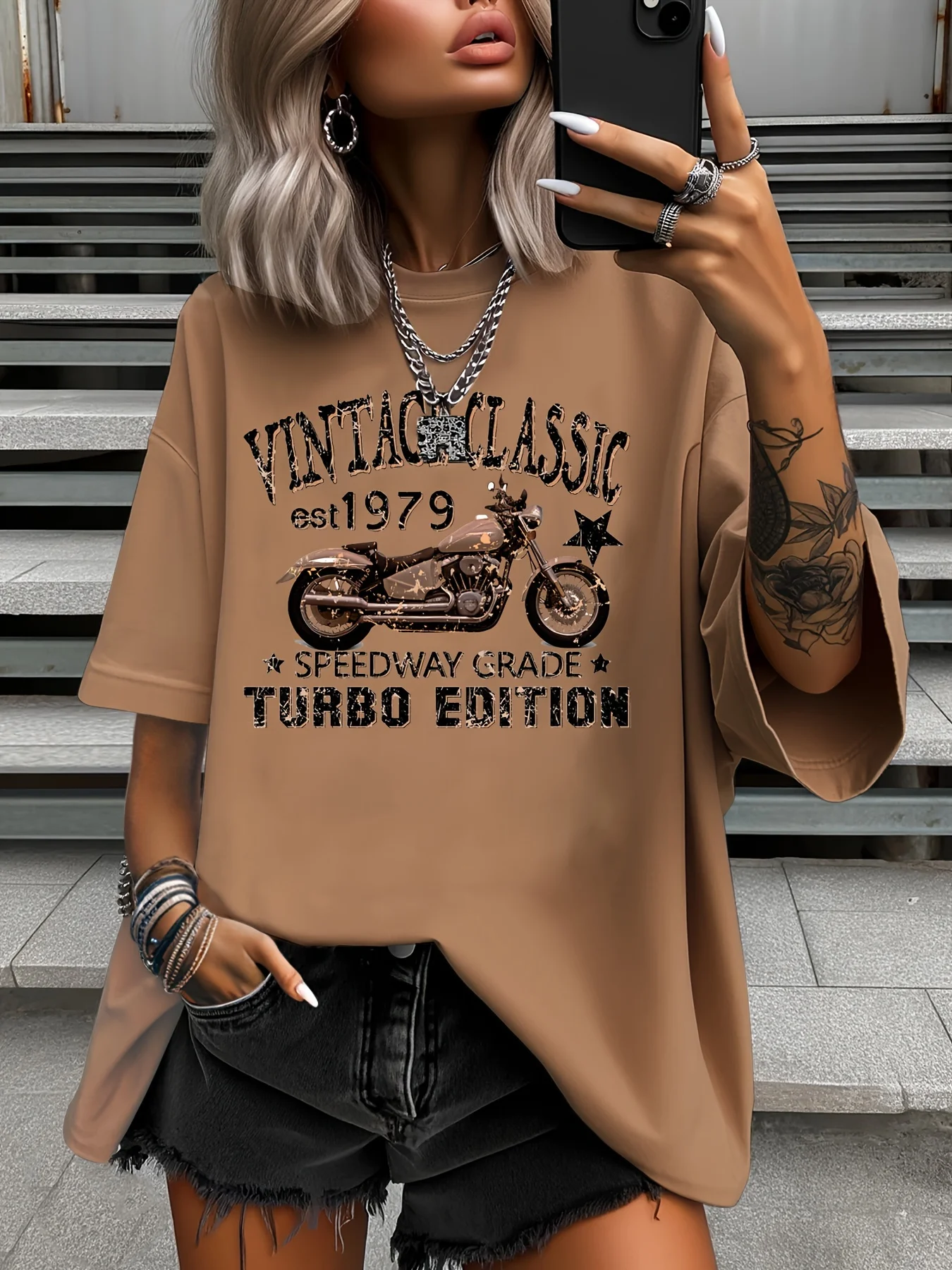 

Women's Plus Size T-Shirt Original Design Fashion Letter Motobike Pattern Printed Women's Casual Round Neck Short Sleeved Tops