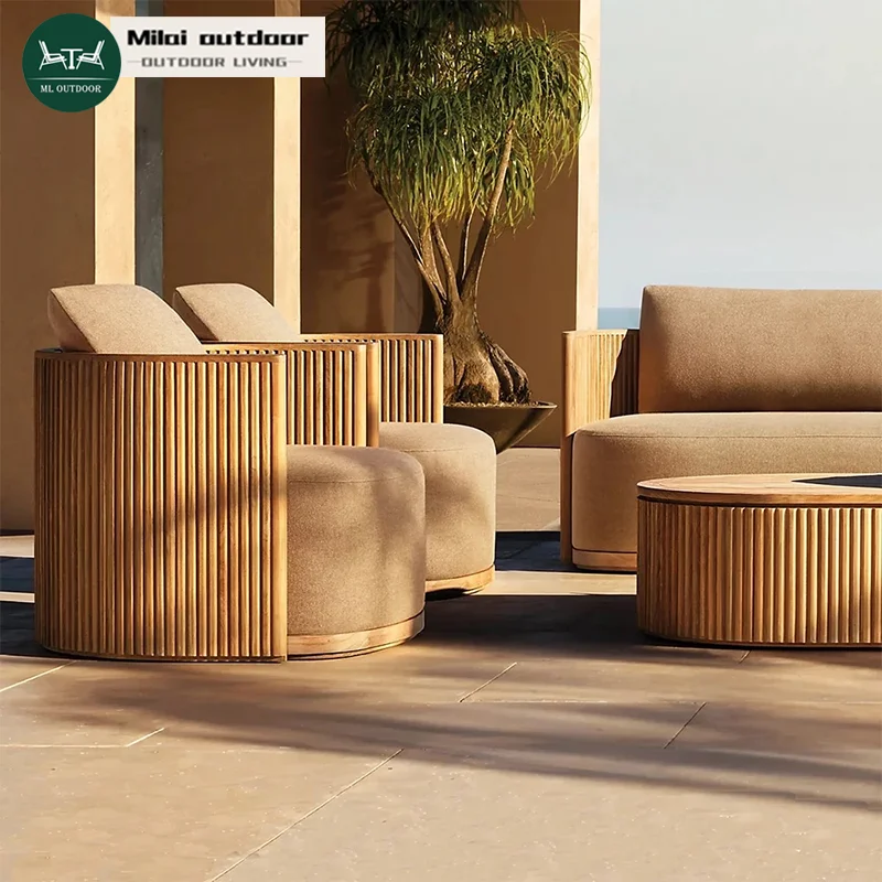 

Luxury Outdoor Dining Table Set Weather-Resistant Teak And Wicker Furniture Garden Villa Table Chair Sofa Collection