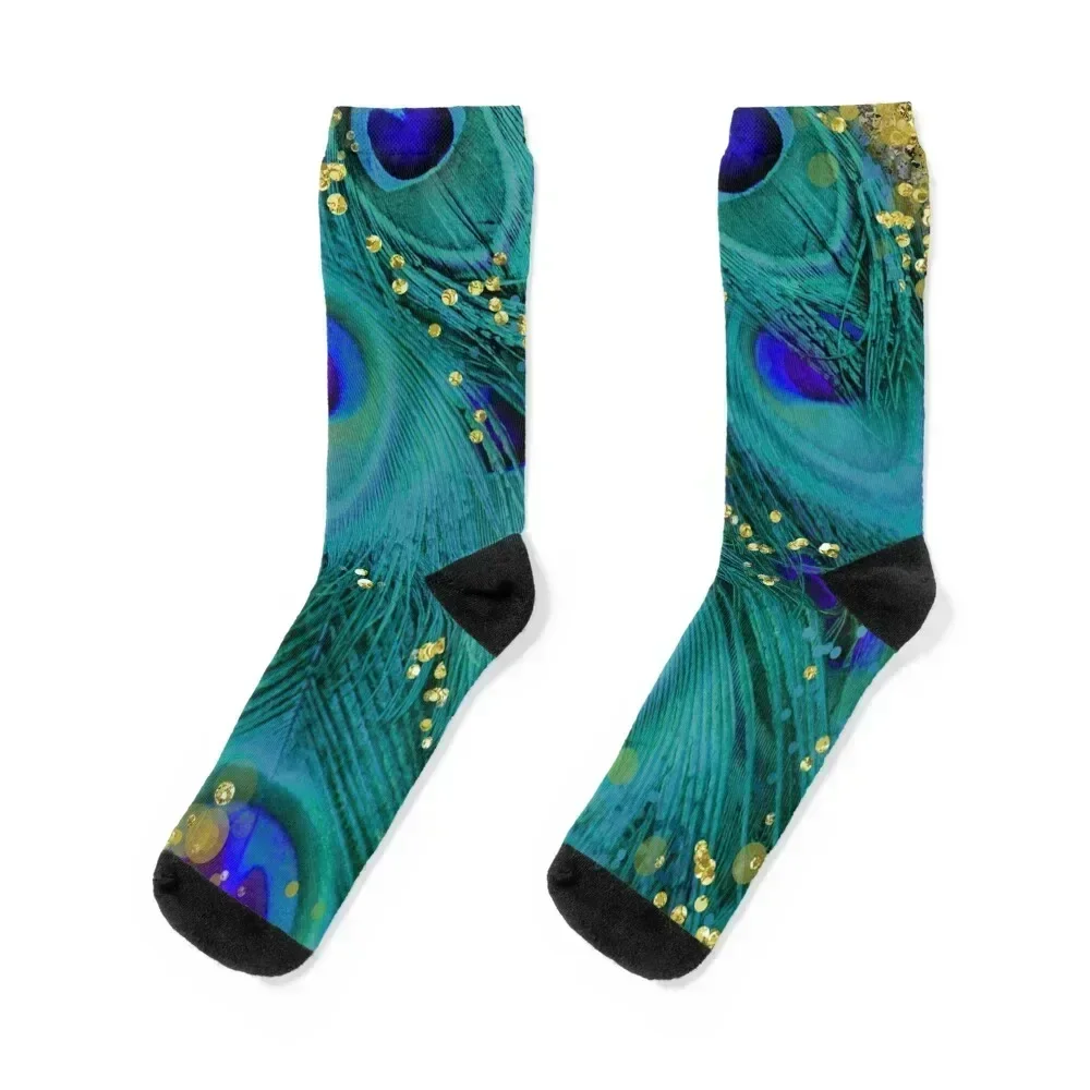 Dreamy peacock feathers, teal and purple, glimmering gold Socks crazy funny sock winter gifts Socks Male Women's