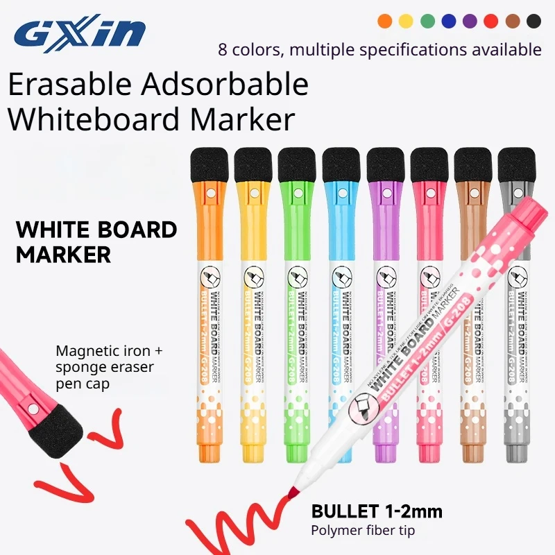Magnetic Whiteboard Marker, 8 Colors Dry Wipe Markers, Sponge Eraser Cap, 1-2mm Bullet Tip, Adsorbable Pens for Whiteboard