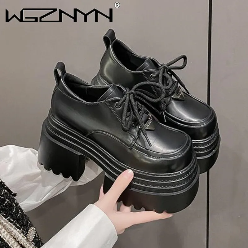 Women's Loafers Front Lacing Middle Follow Square Heel 10CM Platform Shoes Shallow Mouth Retro Winter Autumn Warm Casual Shoes