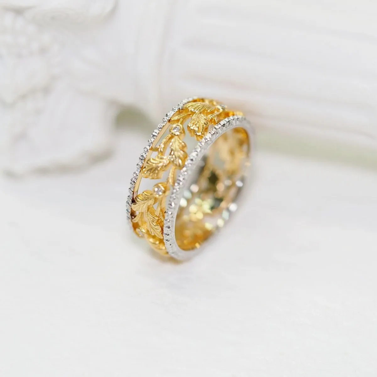 

Vintage Fashion Two-tones 925 Silver Hollow Leaf Finger Band Handmade Bucci Style Rigato Eternity Clover Ring Women Fine Jewelry