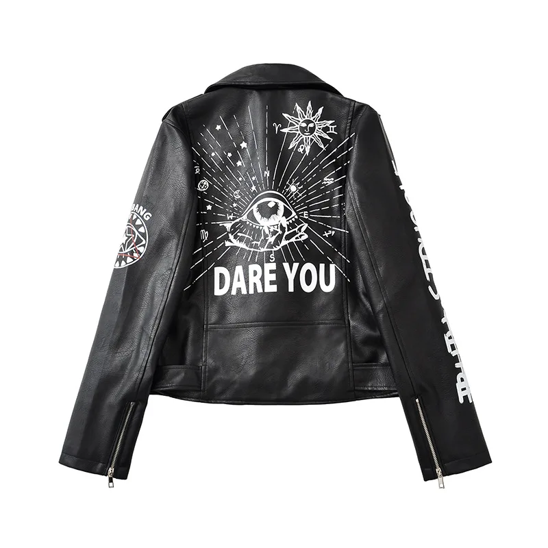 Faux Leather Jacket Women PU Rivet Zipper Shoulder Badge 3D Printed Motorcycle Street Wear