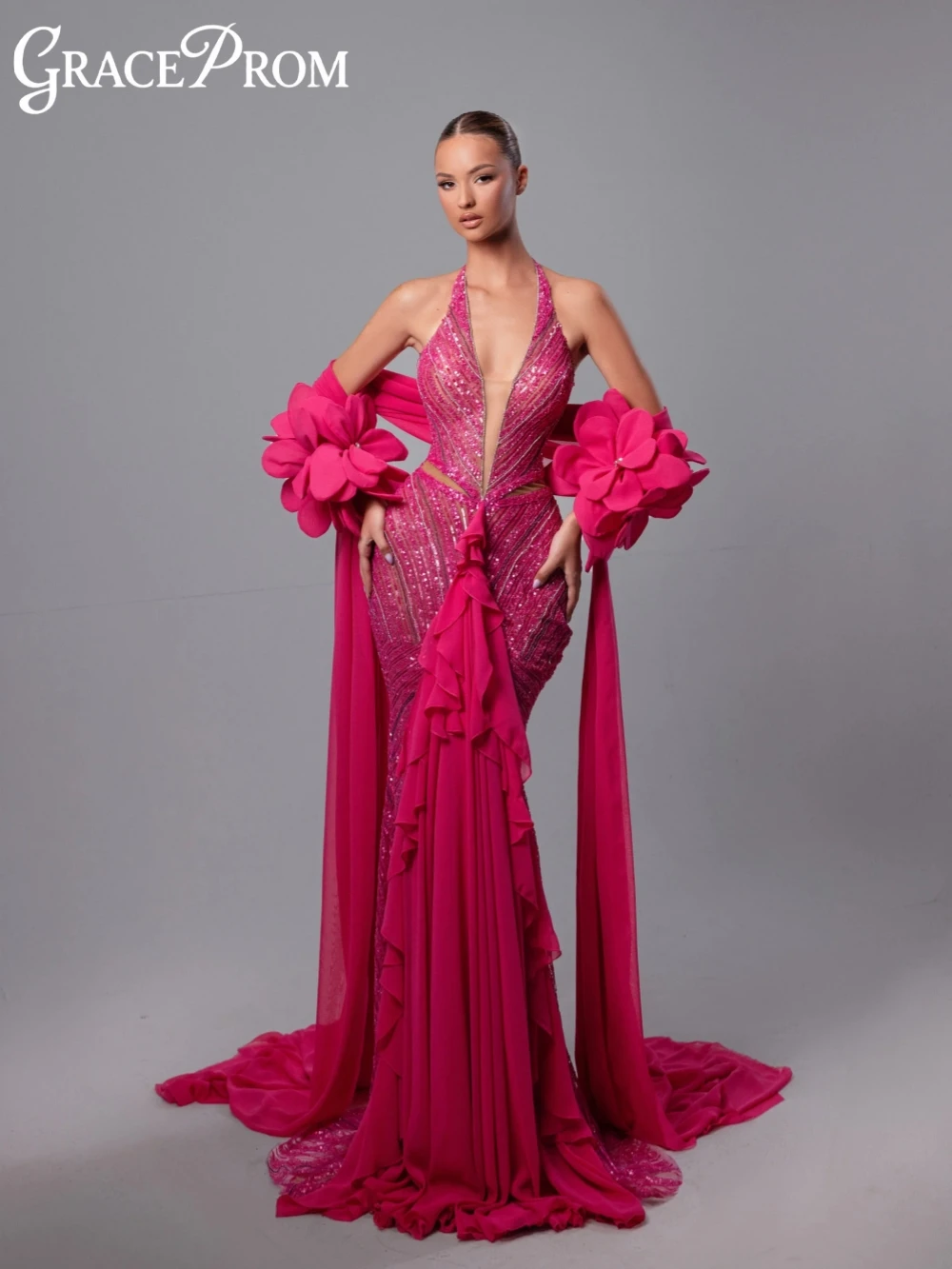 

Роскошное вечернее платье из бисера с 3D цветком, элегантное вечернее платье без рукавов с лямкой на шее, длинные платья русалки по индивидуальному заказу для выпускного вечера