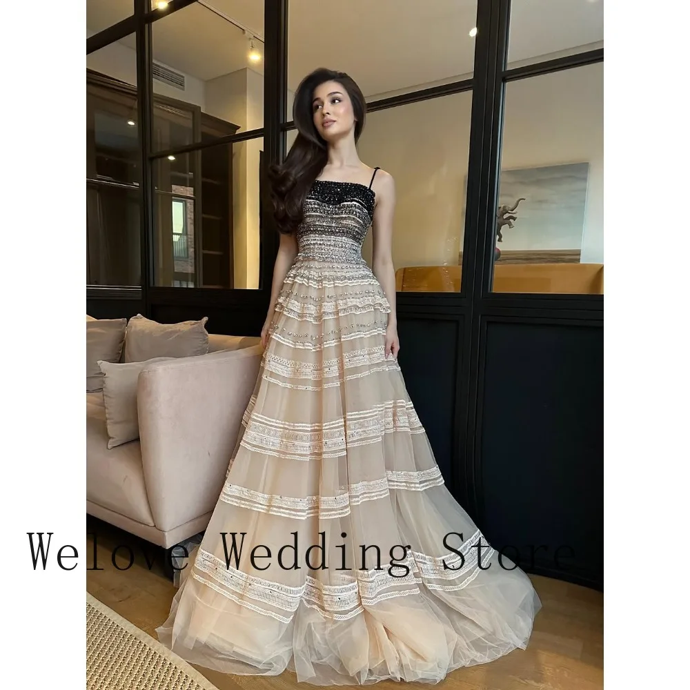 Vestido de Fiesta Personalizado Color Beige Natural con Tirantes Finos, Degradado, con Cuentas, Tul en Capas, para Eventos Formales, Graduaciones, Bodas, Invitadas y Damas de Honor