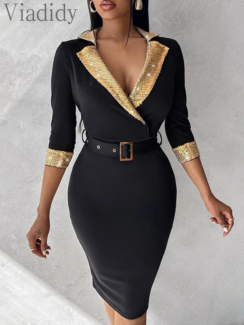 

Women Sexy Solid Color Contrast Sequin Eyelet Buckled Bodycon Dress