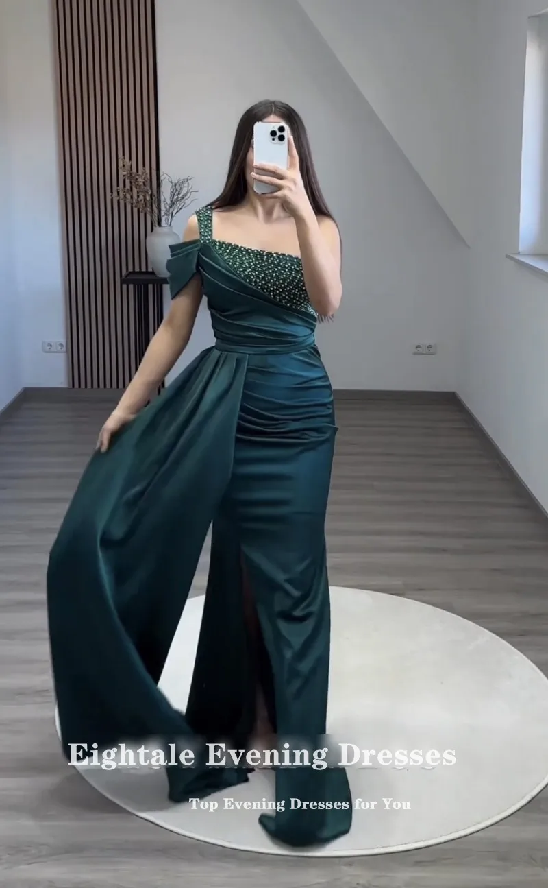 Eightale Dark Green Formal Occasion Evening Dresses Beaded Mermaid Satin Long Customized Wedding Party Prom Gown robes de soirée