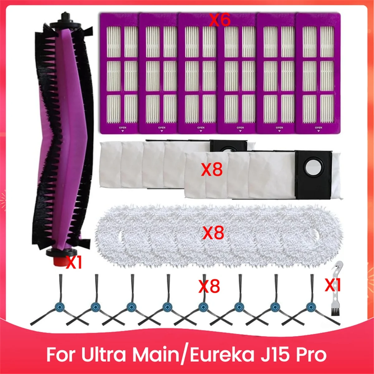 BFYLE Ersatzteile für Eureka J15 Pro für Ultra Hauptseitenbürste Filter Mopp Tuch Staubbeutel Kit