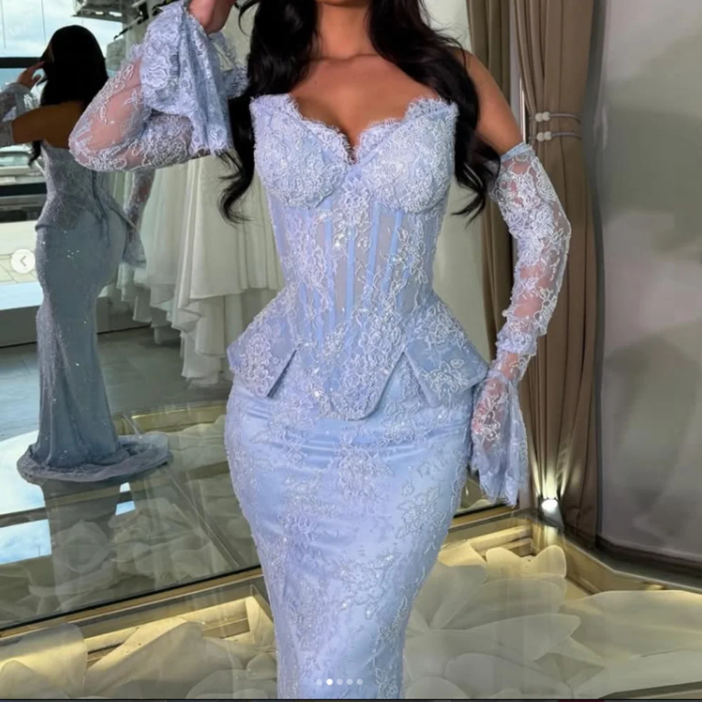 Hellblaue Korsett-Abendkleider, 2-teilig, Meerjungfrau-Stil, lange Ärmel, Ballkleid, elegantes formelles Partykleid, Gala-Kleid, maßgeschneidert