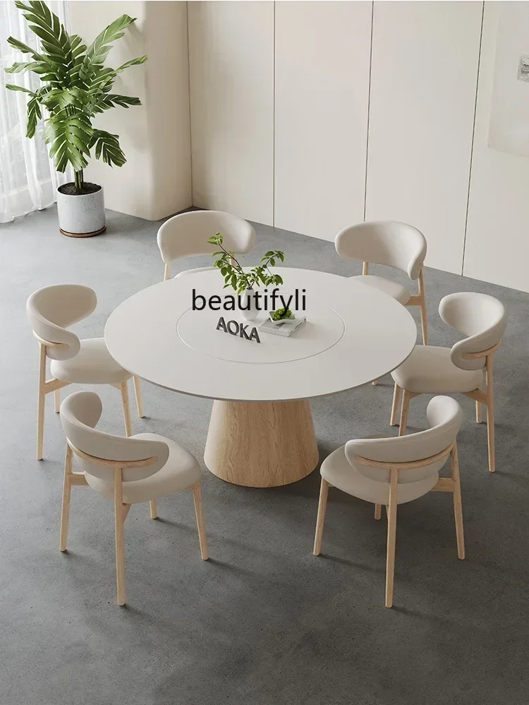 Nordic Solid Wood Stone Plate round Table Pure White Ribbon Turntable Home Dining Table Wood Color Cream Style Round Table