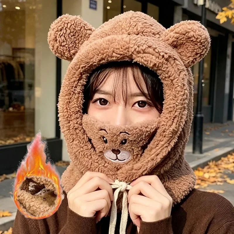 1-4PCS Fluffy Faux Fur Cap with Fleece Lined Neck Gaiter and Face Cover 3 in 1 Winter Hat Scarf Mask for Outdoor Ski Commute