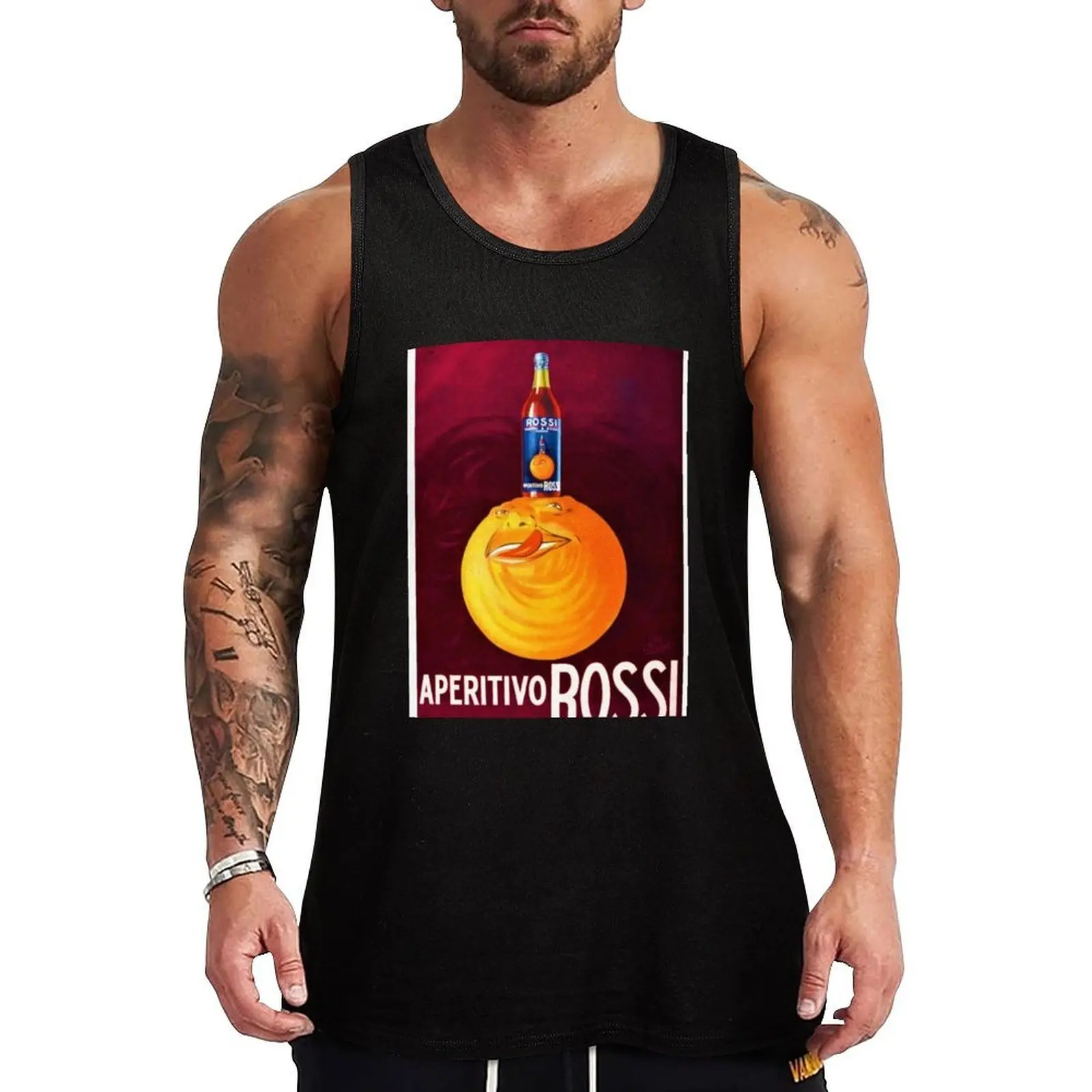 Camiseta sin mangas con póster publicitario de los años 30 de Aperitivo Rossi, bebidas alcohólicas, comida y vino, color rojo rosa vintage.