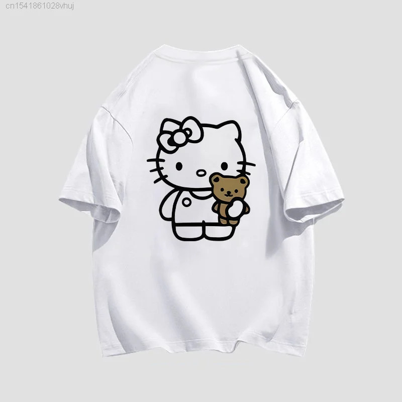 Sanrio Hello Kitty White Oversize T-shirt 2000s Summer New Cuteore Trend Clothing Youth Women Kawaii Graphic Tees Hip Hop Tops