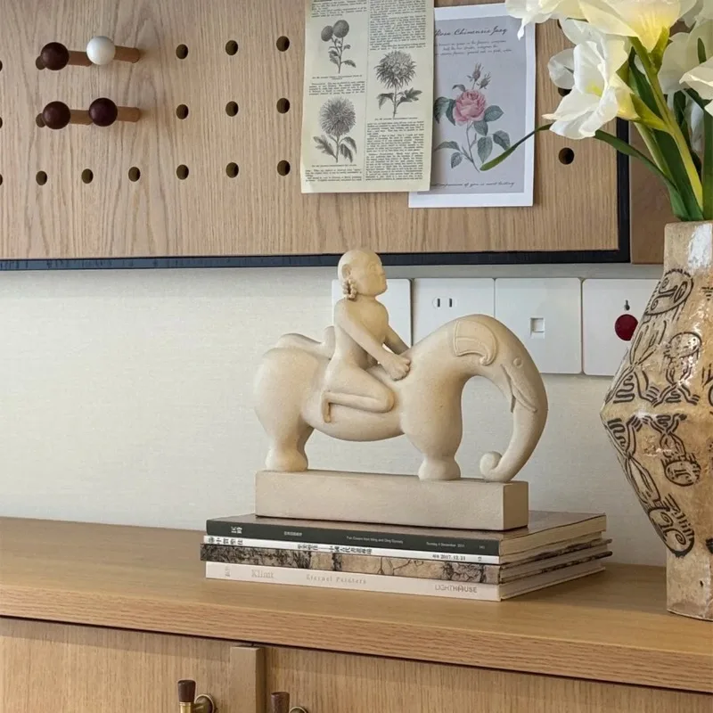 Creative Abstract Character Riding Elephant Art Sculpture Wabi Sabi Style Home Decor Living Room Study Desktop Decoration Crafts