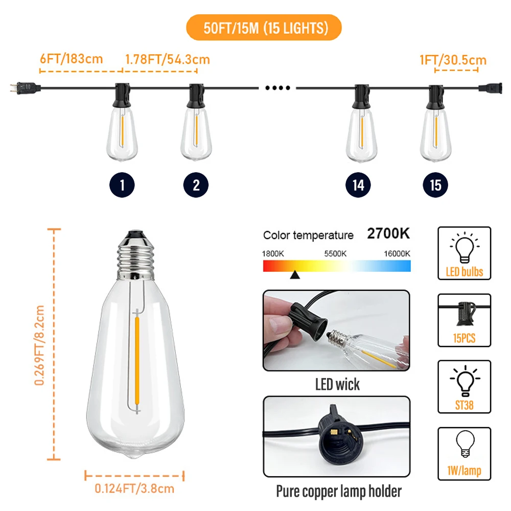 ST38 luci a stringa a LED per esterni luci a stringa Edison impermeabili per illuminazione decorativa per interni/esterni portico bistrot Cafe