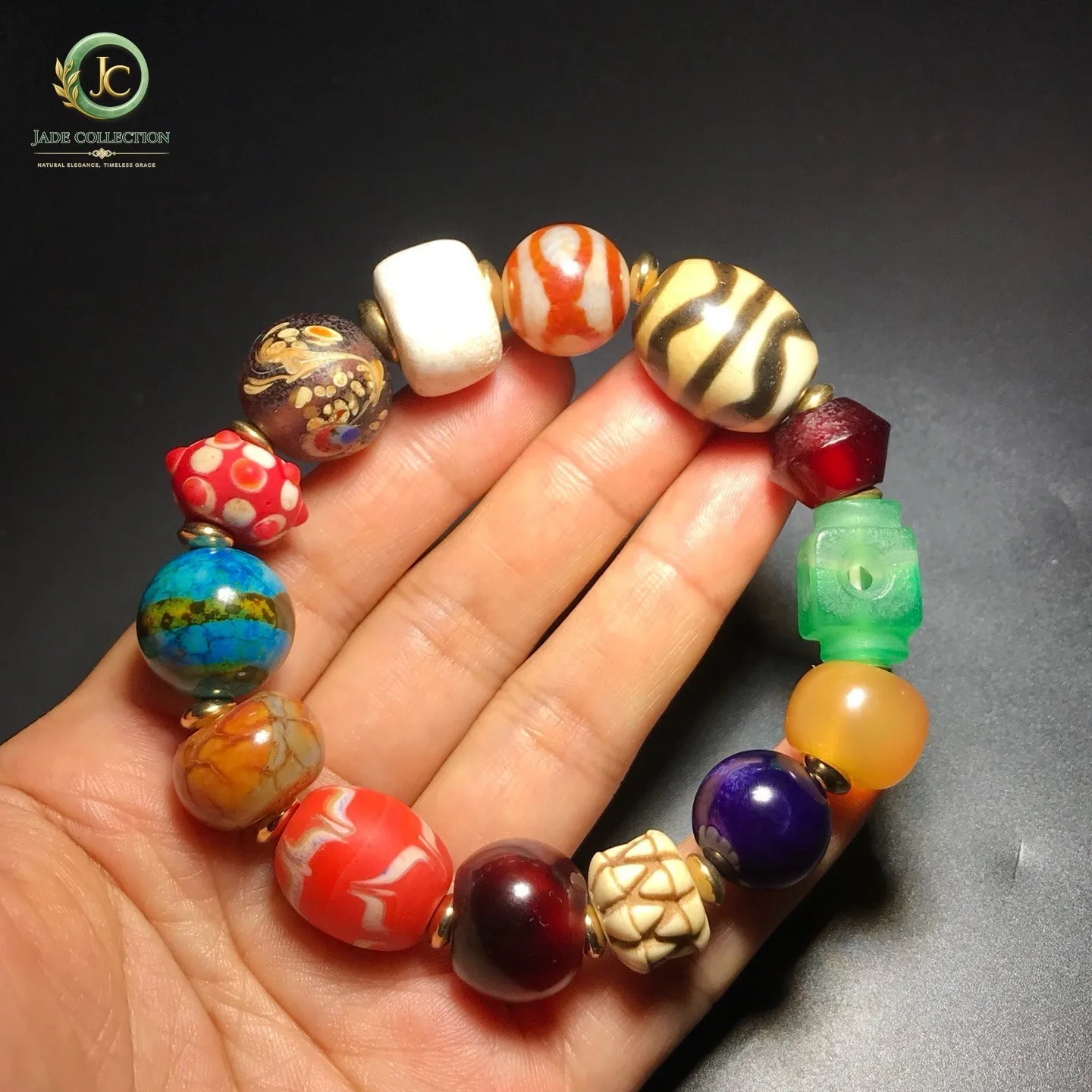 Tibetan Old Agate dzi Multiple totems Bead Amulet Bracelet J0616