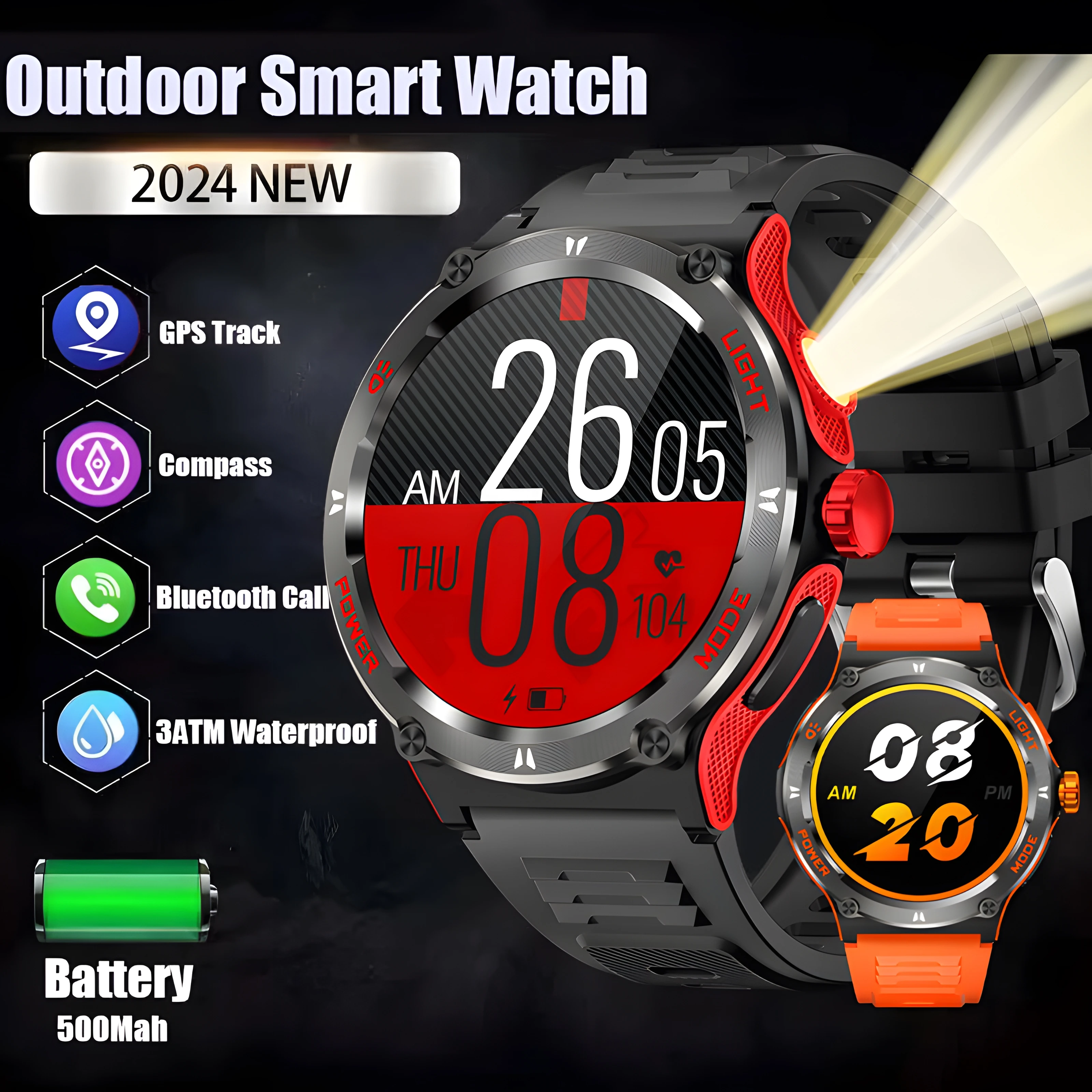 New For Huawei AMOLED Outdoor Military Men Smartwatch Bluetooth Call GPS Track 500Mah 3ATM Waterproof LED Lighting Smartwatch