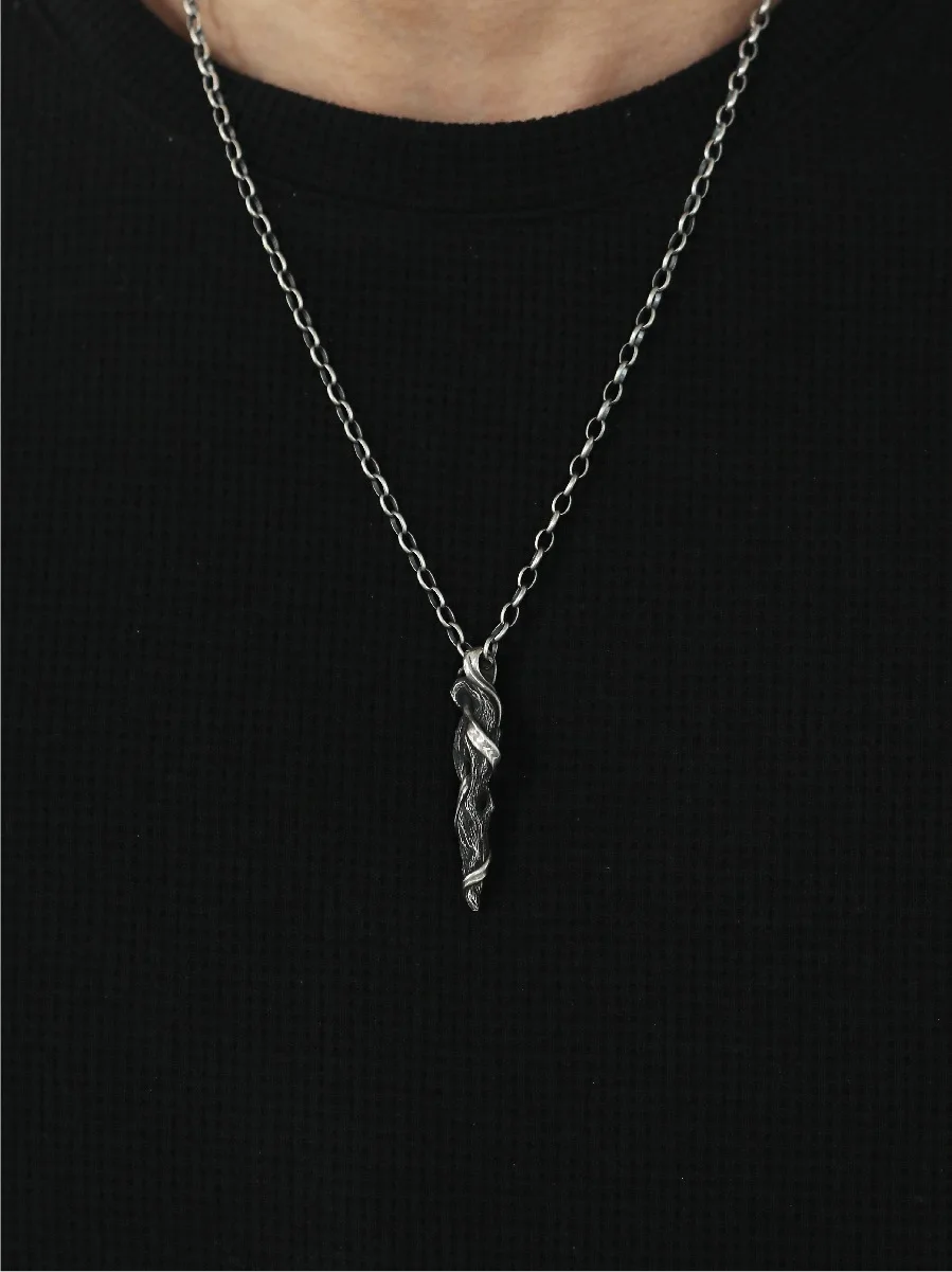 Vintage Silver Color Long Chain Necklace Manual Grinding Driftwood Pendant Necklace for Men Women Hip Hop Jewelry Accessories