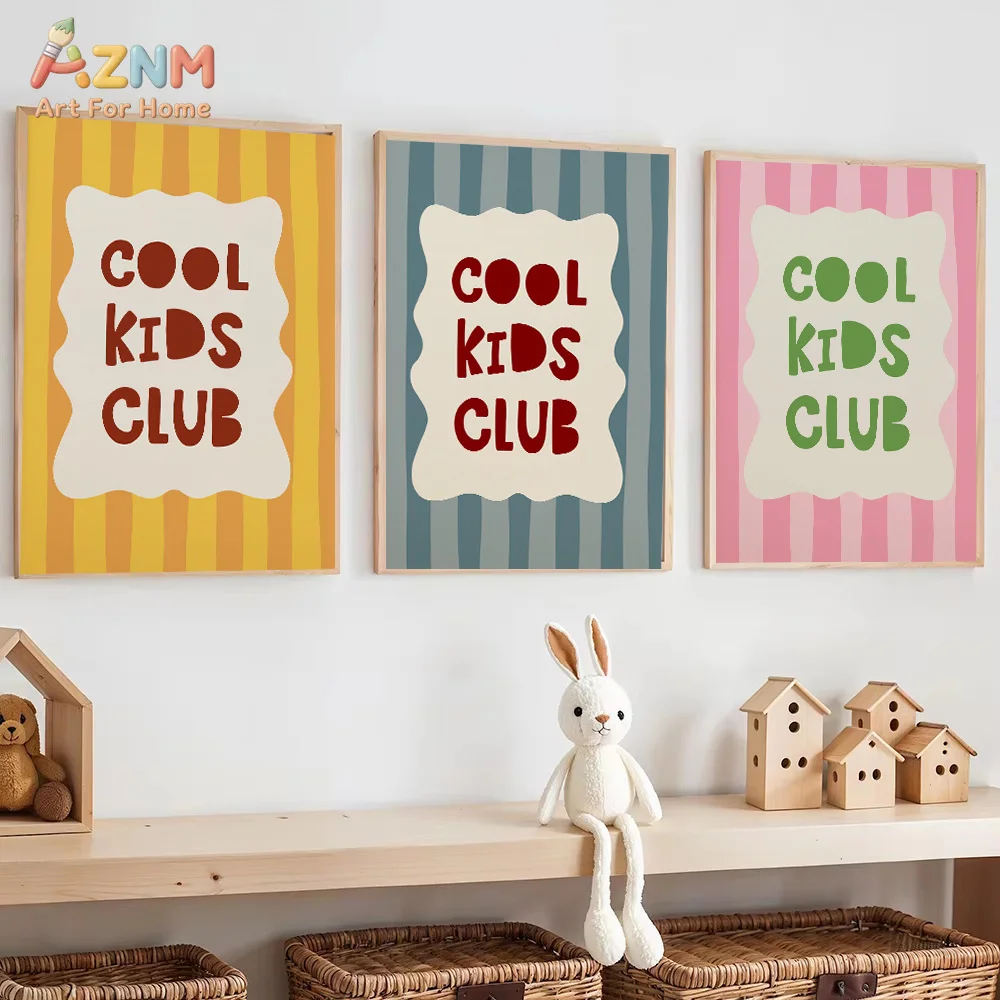 AZNM Cool Kids Club Canvas Wall Art Color Stripe Typography Poster Playroom Nursery Kids Room Decor Unframed