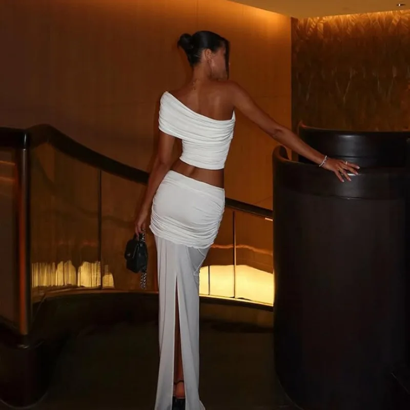 SKMY Solid Color 2025 Sexy One Shoulder Chest Wrapped Crop Tops High Waist Long Skirts Elegant Two Piece Sets Women Outfits - Image 2
