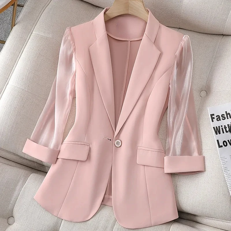 Turn Down Collar Slim Blazer Women Solid 2023 Summer Button Jacket Long Sleeve Formal Suits Tops Office Ladies Overalls Coats