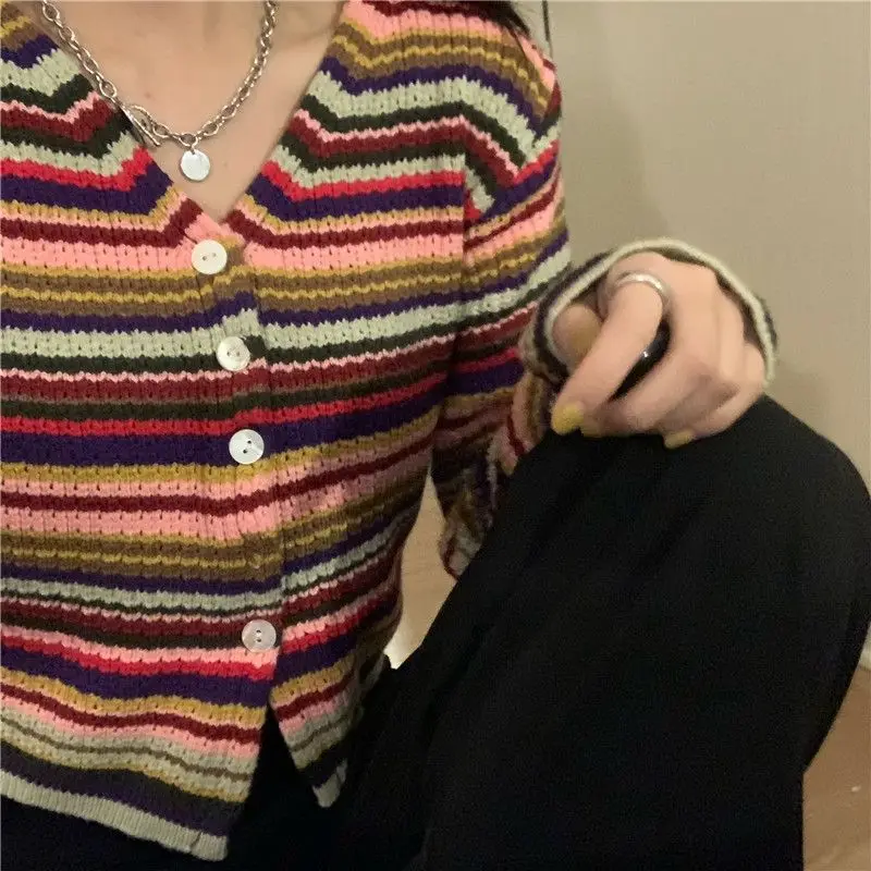 Spring New Women Sweater Korean Style Rainbow Striped Soft Short Sweater Long Sleeve Knit Top