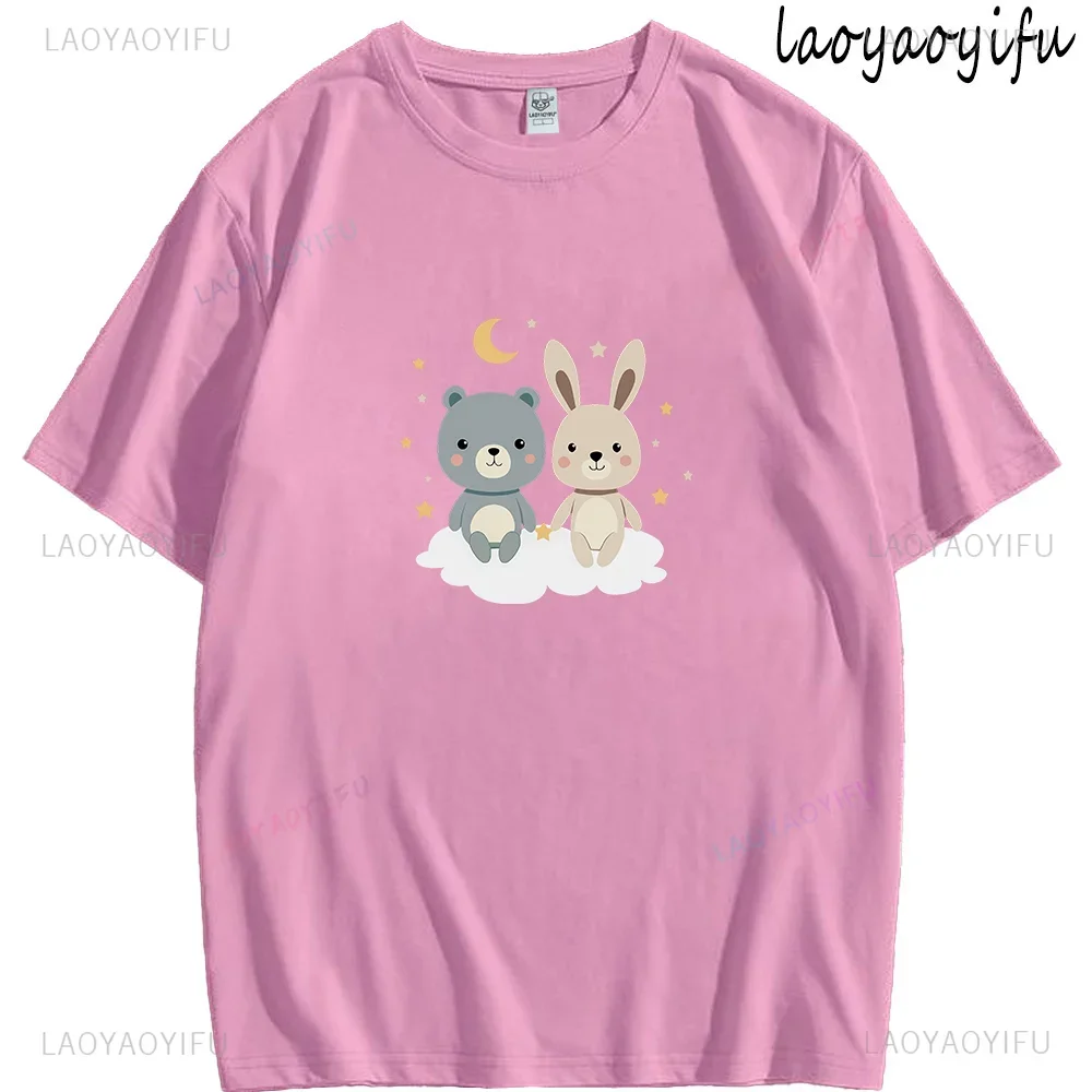 Women Clothes Hare and Bear Cartoon Pattern Print Tops Summer Short-sleev O-neck Funny Animal Graphic T Shirts Cotton Unisex Tee