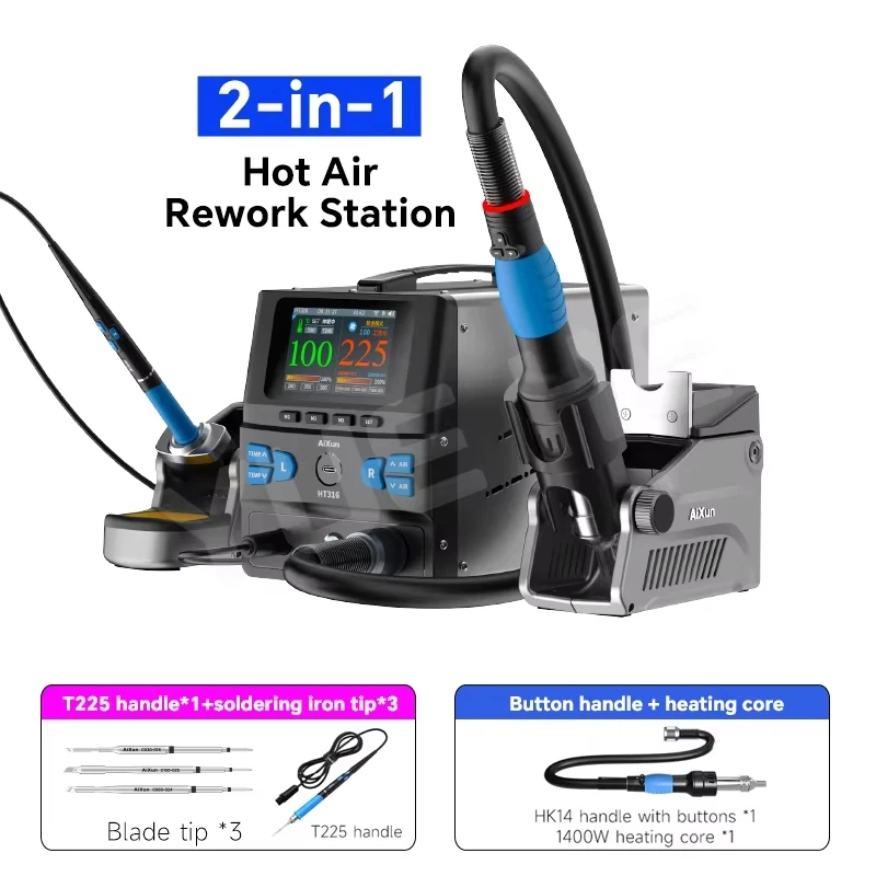 

HT316 2-in-1 Hot Air Rework Station 1400W Desoldering Gun + Soldering Iron with LCD, Bluetooth/WiFi, 100-500°C