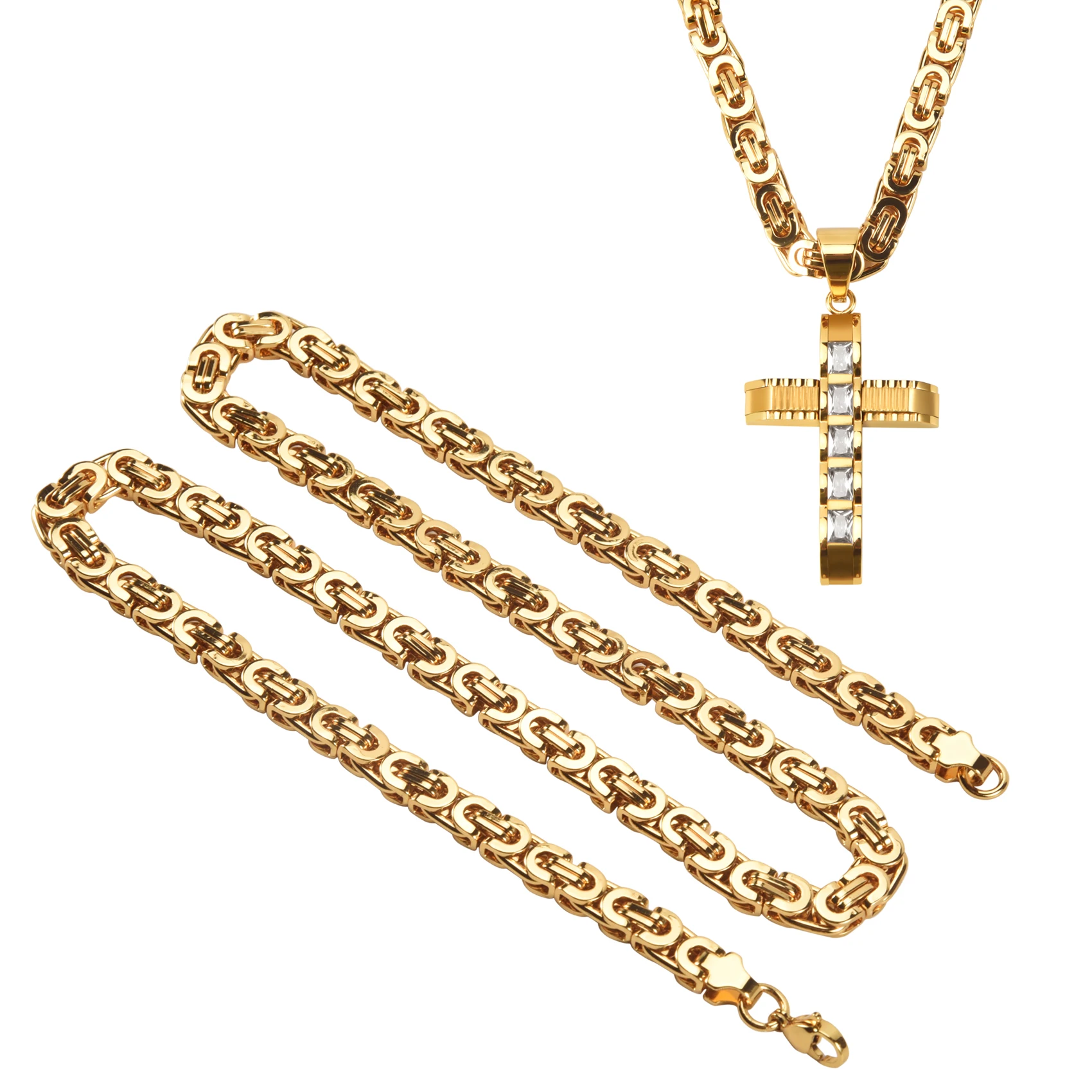 Mens Stainless Steel Gold Cross Zircon Pendant Necklace Flat Chain Tone 6Mm 22Inch