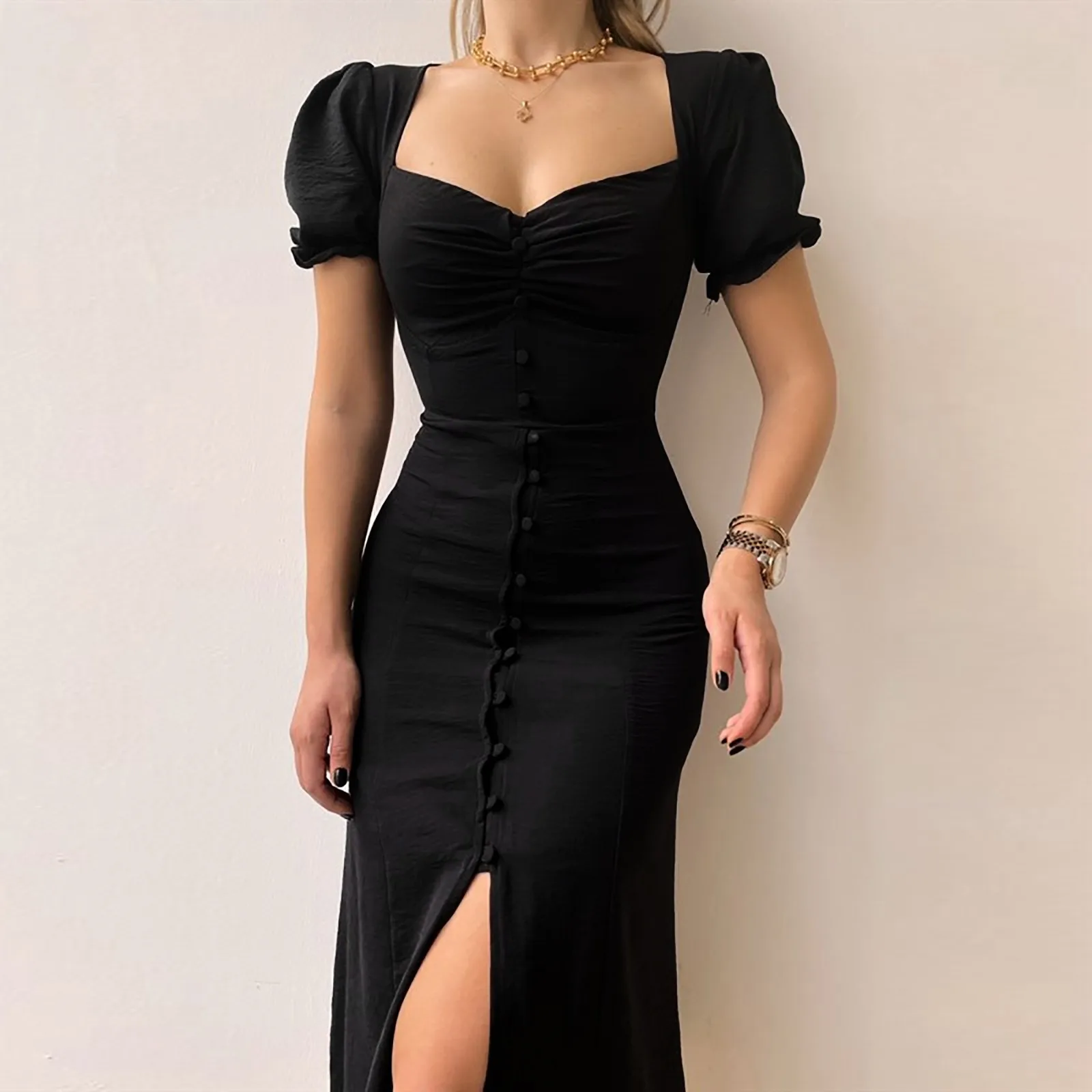 2024 Short Puff Sleeve Low Cut Midi Dresses Sexy Split Bodycon A Line White Dress Night Club Party Dresses Women Long Vestidos