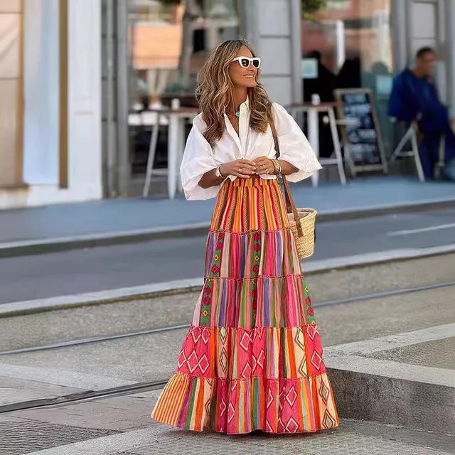 Falda informal con estampado bohemio para mujer, falda elegante con cintura elástica, corte en A, con volantes, dobladillo grande, ropa para vacaciones en la playa, falda larga holgada