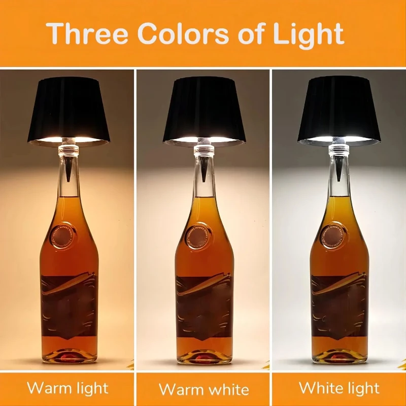 Wireless Bottle Table Lamp Touch Control 3 Colors and Stepless Dimming Night Lamp for Outdoor Bar Wine Bottles Decor Desk Lights
